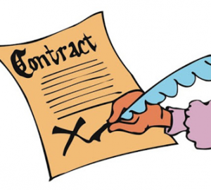 Clipart image of a parchment contract, with a hand holding a quill, signing at the X.