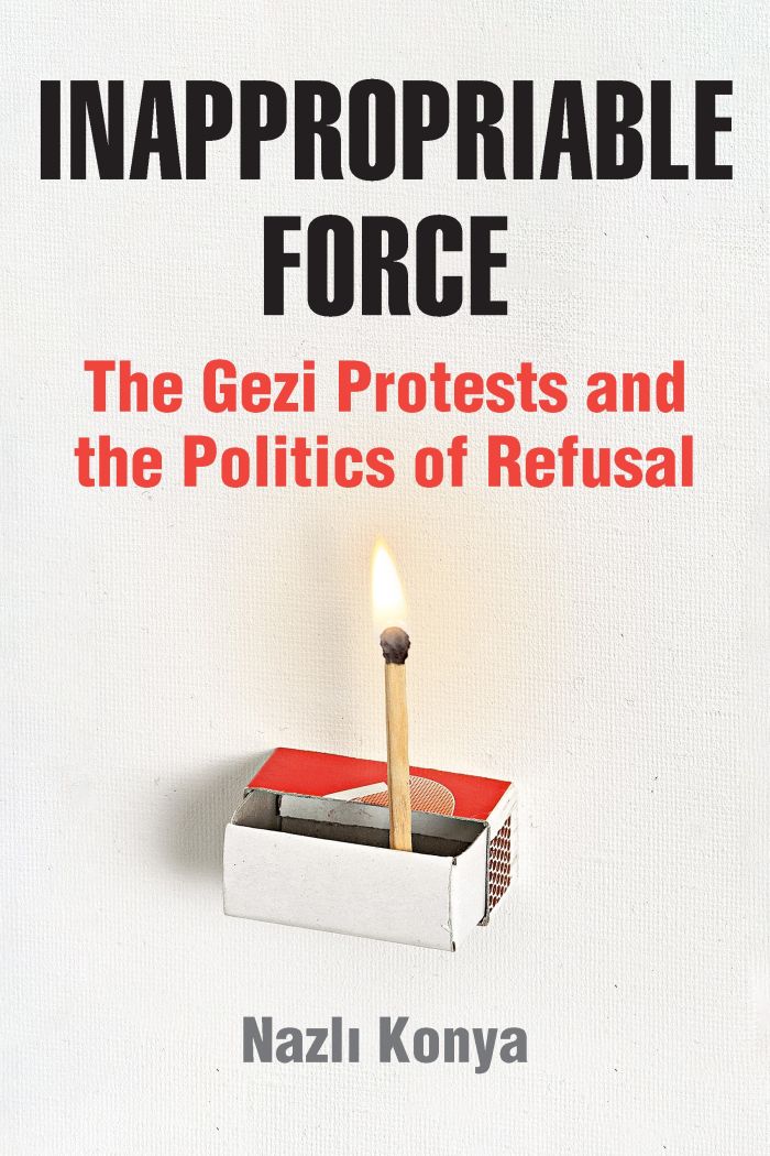 Cover of Inappropriable Force. Black and red text on white background. Lit match standing upright inside a matchbox.